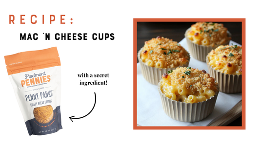 Mini individual Macaroni n cheese cups with piedmont penny panko cheesy breadcrumbs