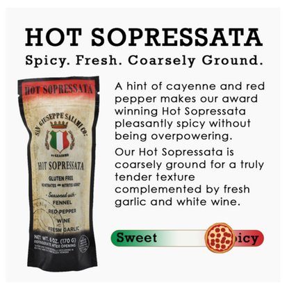 Hot Soppressata Salami - Handcrafted without added nitrates or nitrites and is Gluten Free. Resealable bag allows for easy storage (Made in Elon, NC).